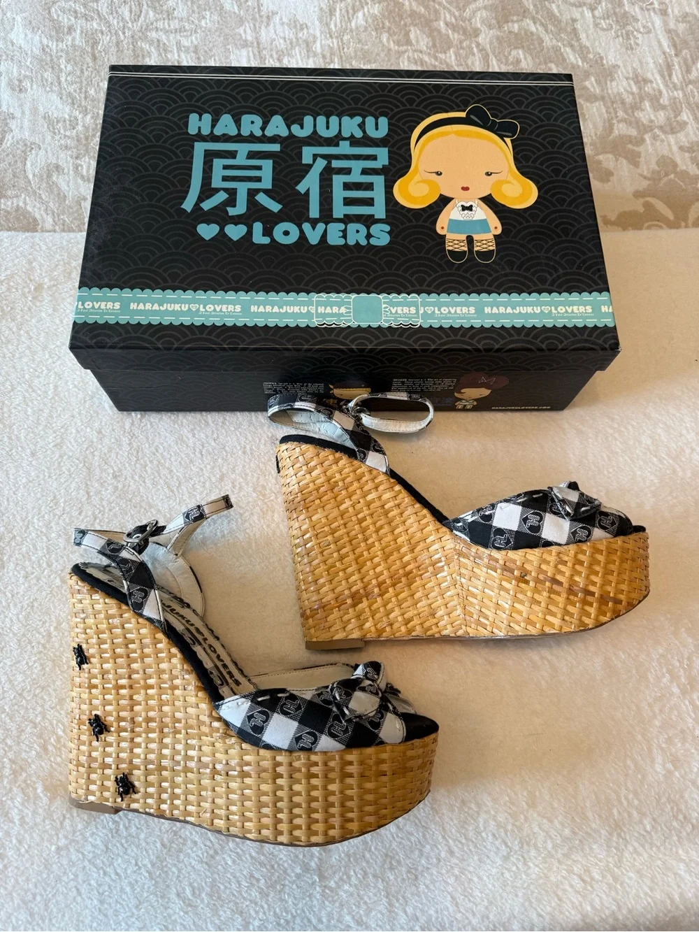 Harajuku Lovers Black & White Check Bow Wedge Sandals